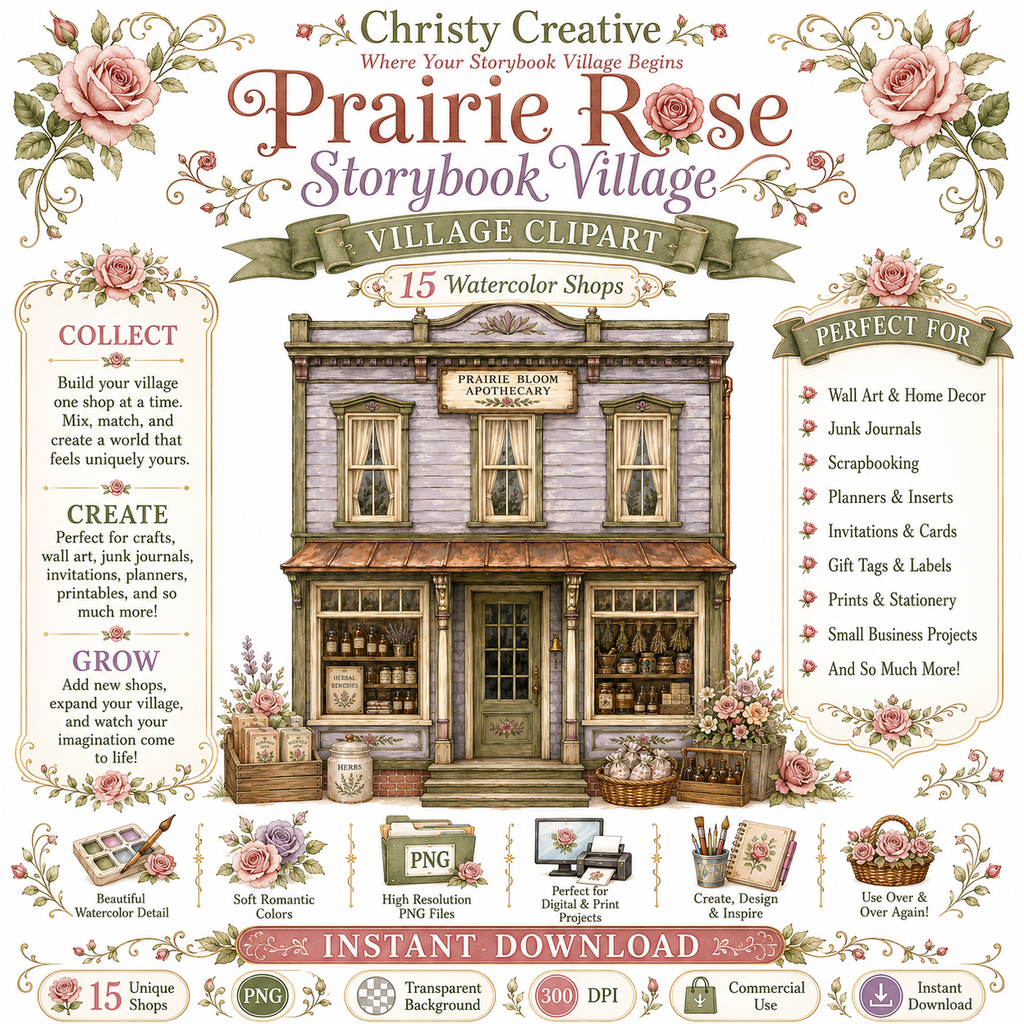 Prairie Rose Storybook Village PNG bundle details and creative uses