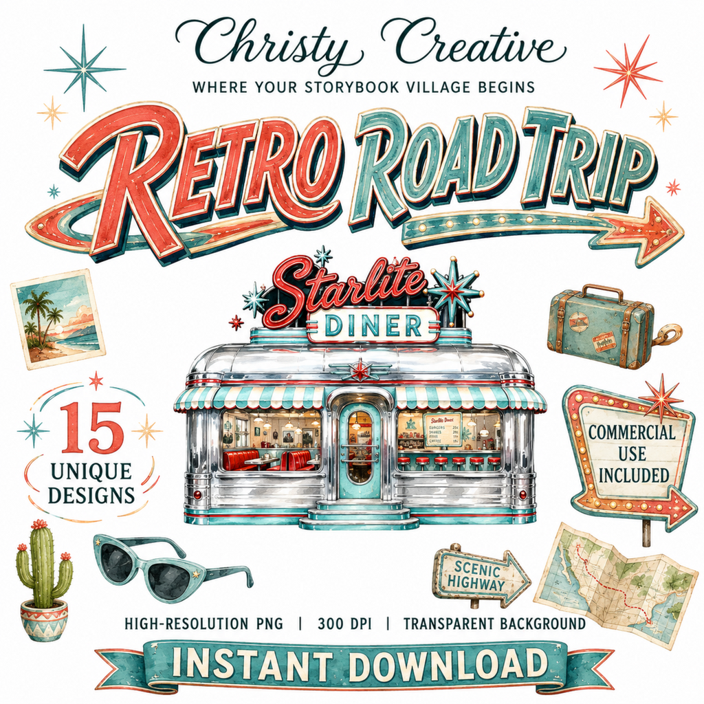 Retro Road Trip watercolor clipart bundle with 15 roadside designs