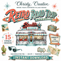 Retro Road Trip watercolor clipart bundle with 15 roadside designs