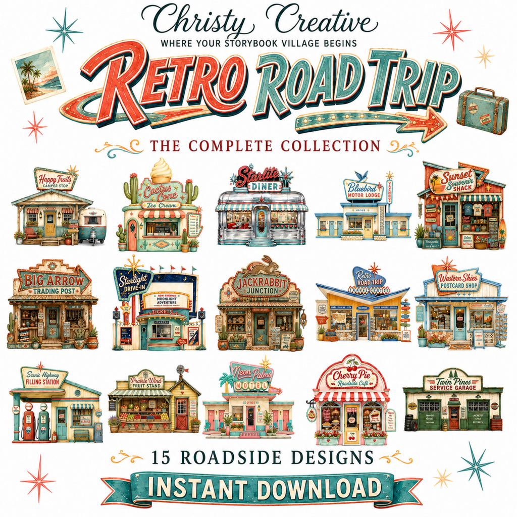 Complete collection of 15 retro roadside watercolor designs