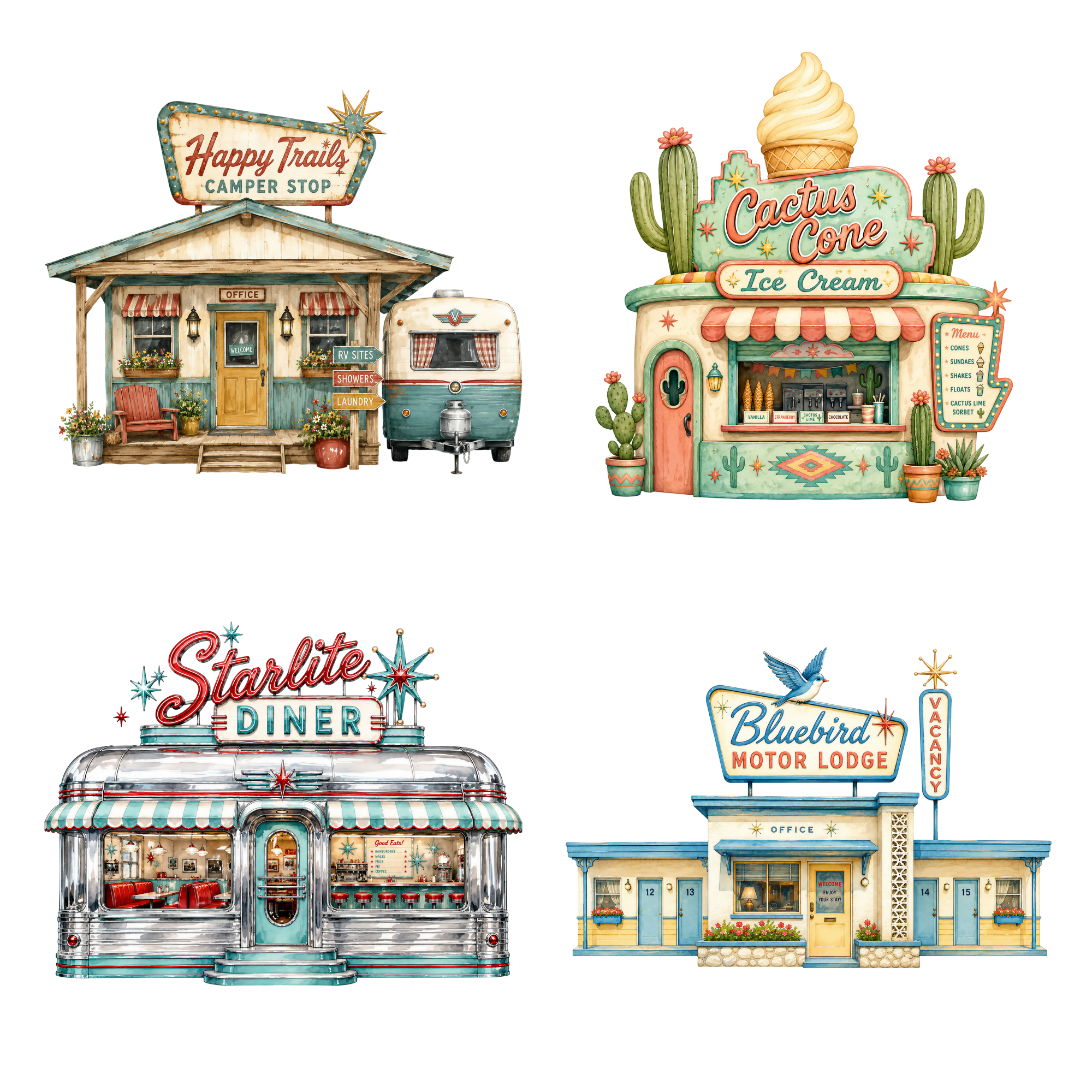 Happy Trails camper stop, Cactus Cone, Starlite Diner and Bluebird Motor Lodge clipart