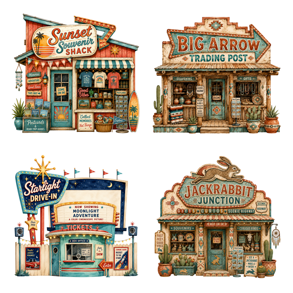 Sunset Souvenir Shack, Big Arrow Trading Post, Starlight Drive-In and Jackrabbit Junction clipart