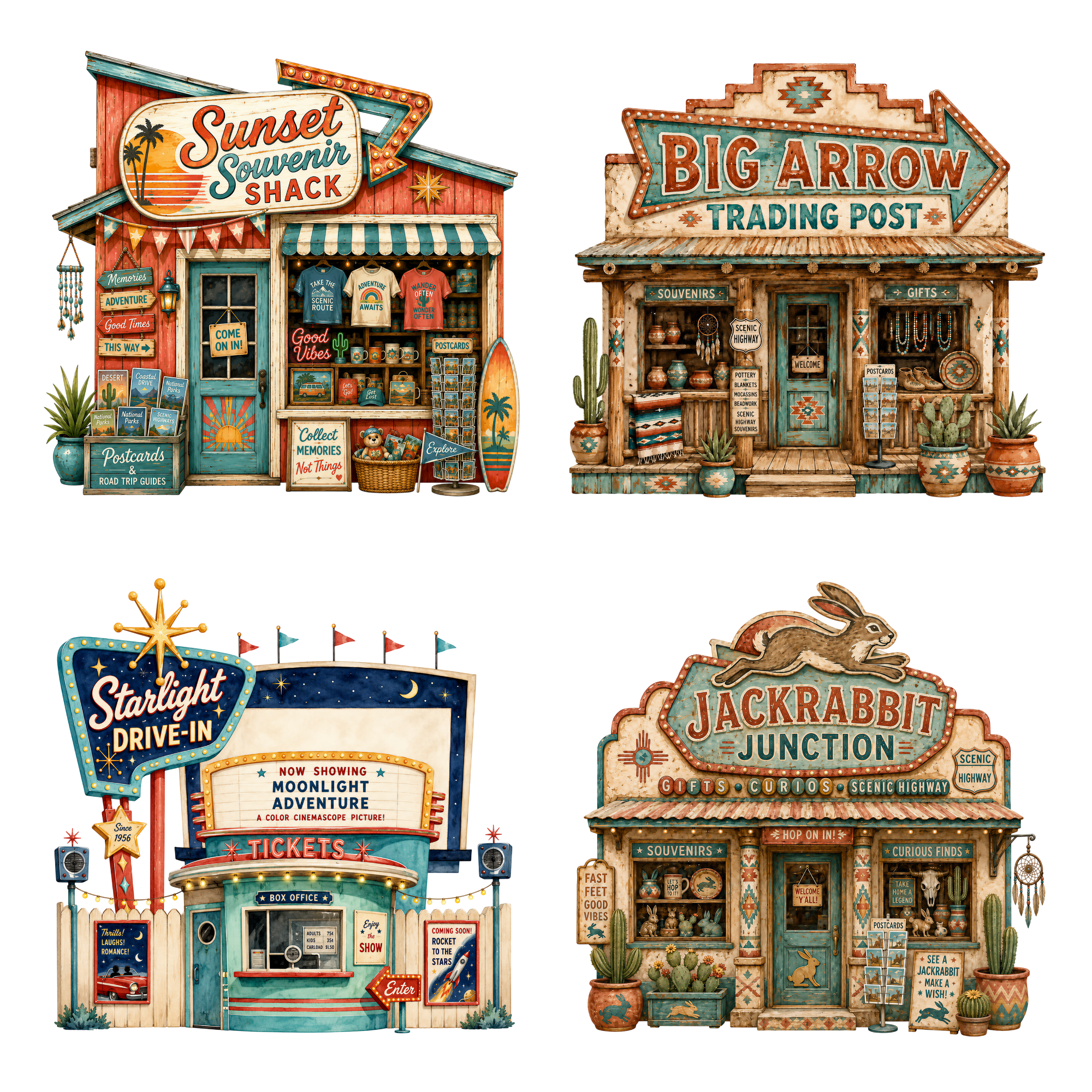 Sunset Souvenir Shack, Big Arrow Trading Post, Starlight Drive-In and Jackrabbit Junction clipart