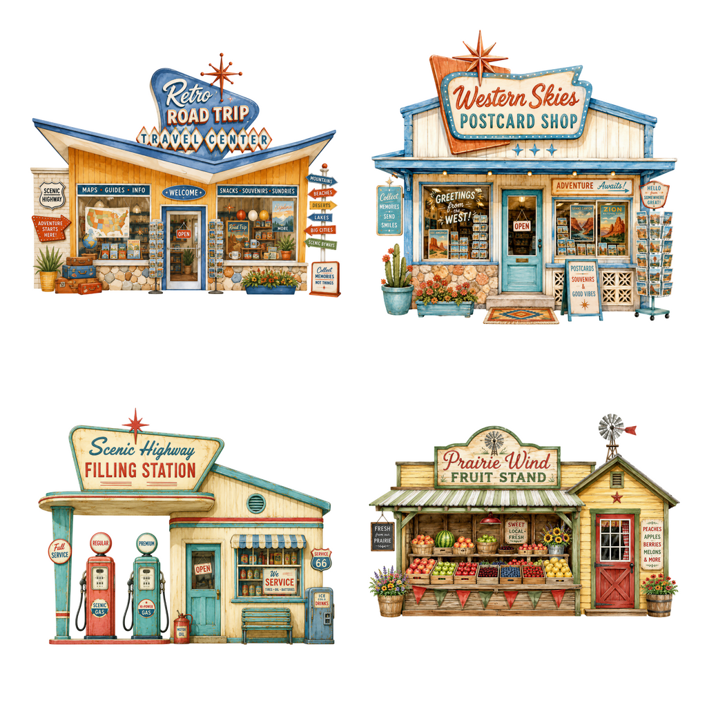 Travel Center, Western Skies Postcard Shop, Scenic Highway Filling Station and Prairie Wind Fruit Stand clipart