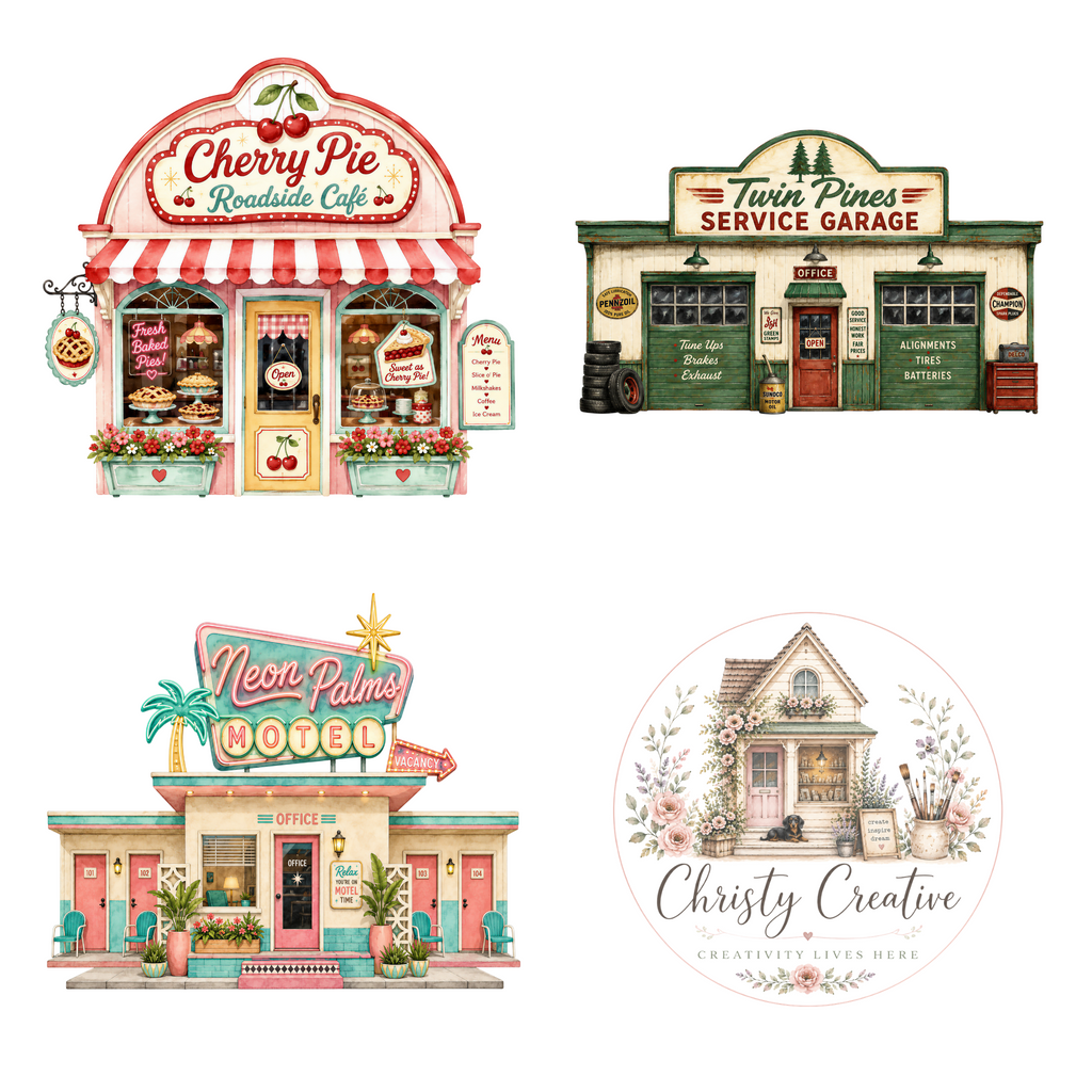 Cherry Pie cafe, Twin Pines garage and Neon Palms motel watercolor clipart