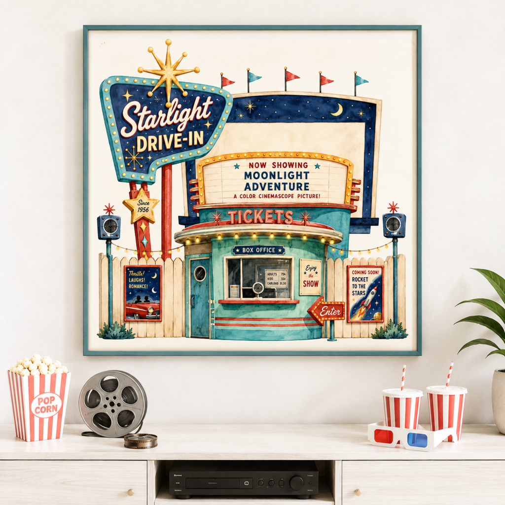 Starlight Drive-In retro wall art mockup