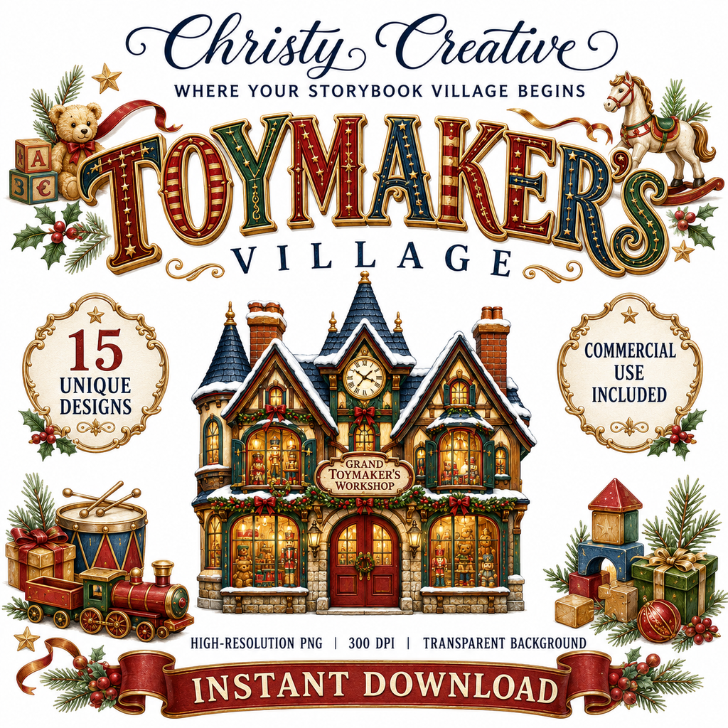 Toymaker's Village Christmas watercolor clipart bundle cover