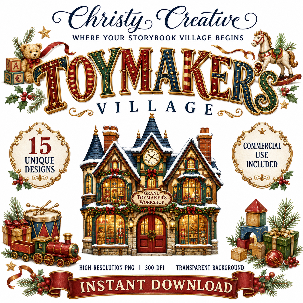 Toymaker's Village Christmas watercolor clipart bundle cover