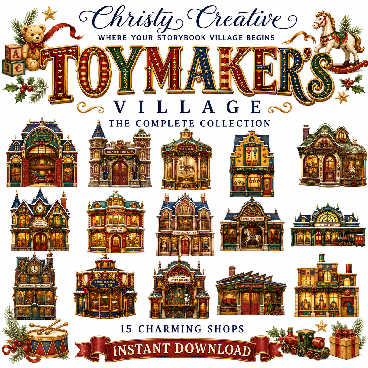 Complete Toymaker's Village watercolor Christmas clipart collection