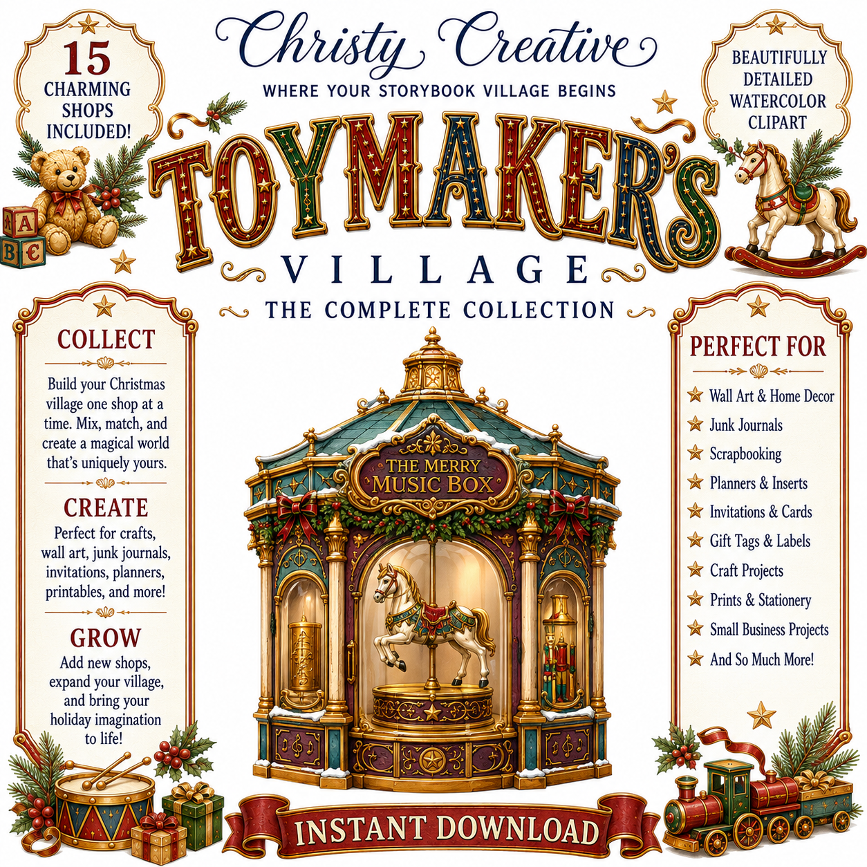 Merry Music Box shop from Toymaker's Village watercolor Christmas clipart